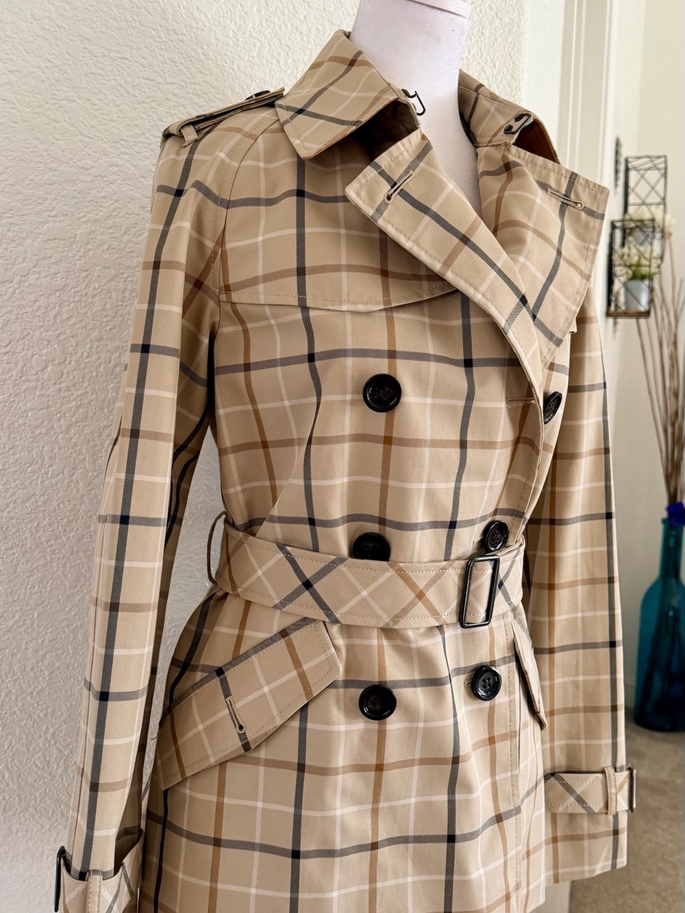 Coach Khaki Multi Plaid Double Breasted Short Trench Coat NWT F86437 Small - Picture 3 of 8